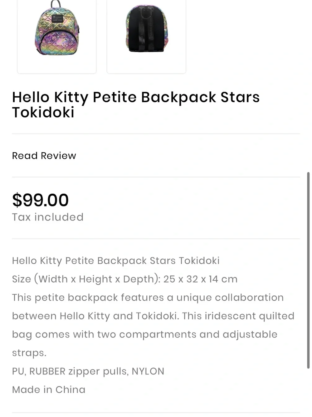 tokidoki x Hello Kitty Stars Mini Backpack